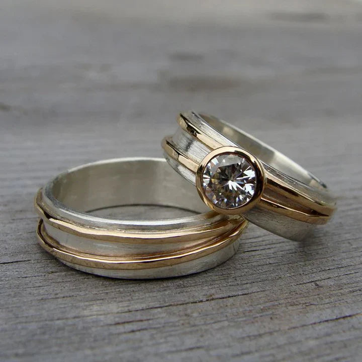Antique Gold and Silver Ring Set Adorned with Zirconia