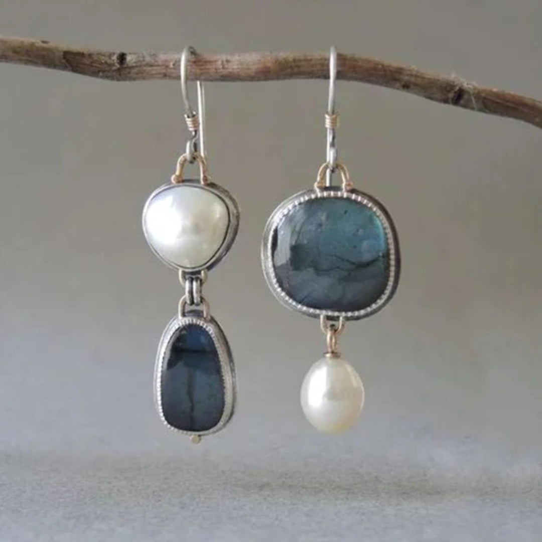 Retro Blue Natural Stone Bead Earrings