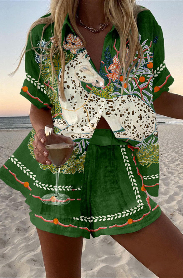 Céphira – Linen Short Suit Featuring Horse Design