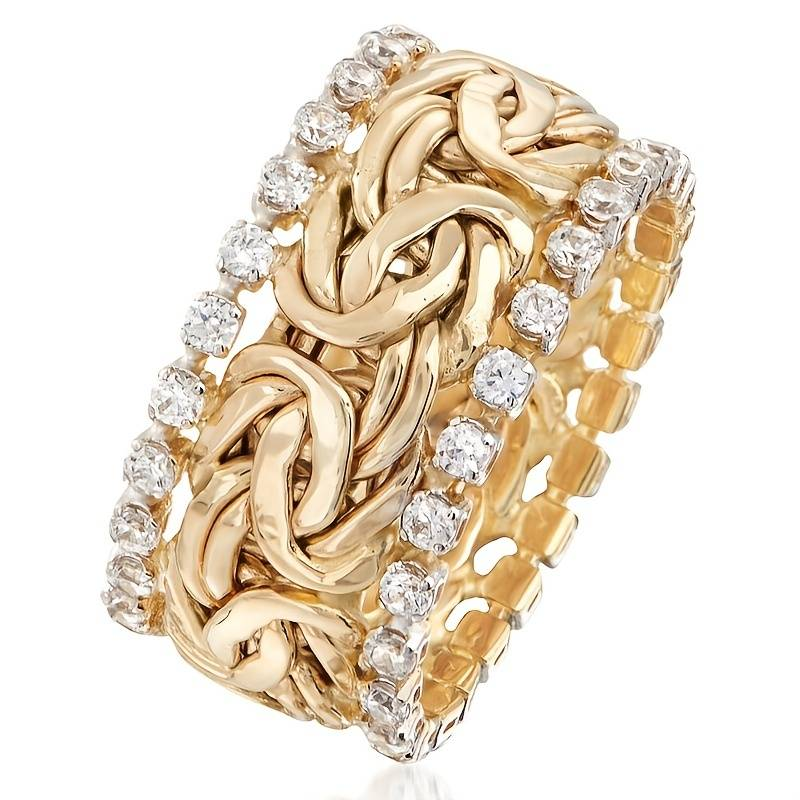 Zirconia-Embellished Golden Braided Ring
