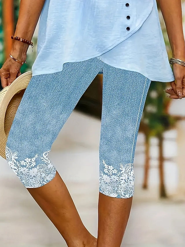 Plus Size Women's High Waist Stretch Lace Jean Capris - Sexy Skinny Denim Cropped Leggings