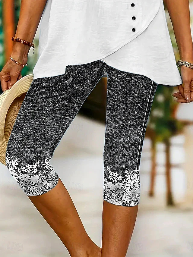 Plus Size Women's High Waist Stretch Lace Jean Capris - Sexy Skinny Denim Cropped Leggings