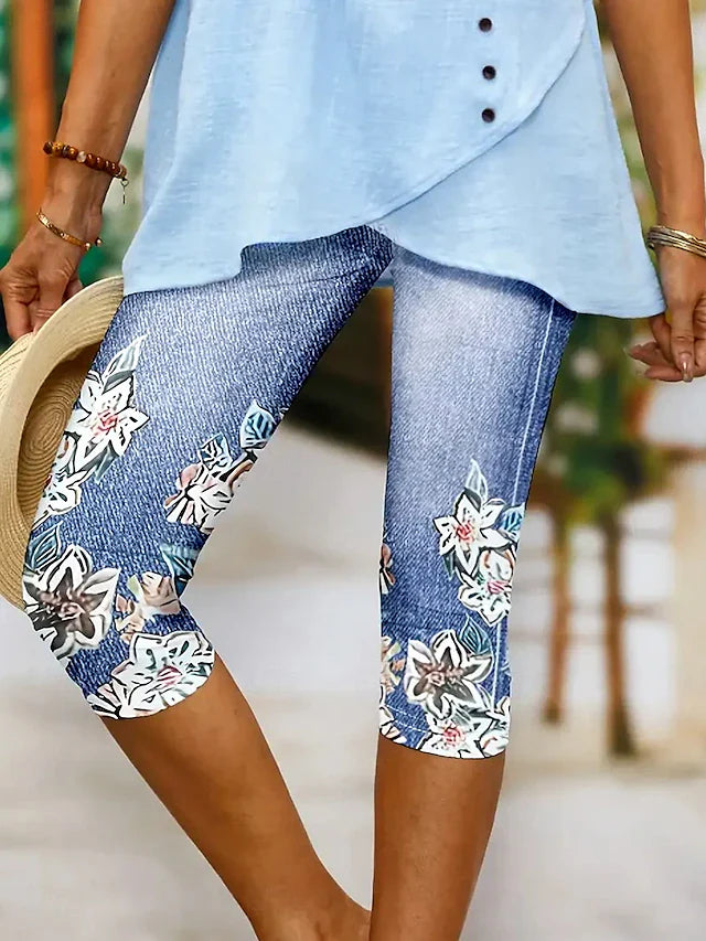 Plus Size Women's High Waist Stretch Lace Jean Capris - Sexy Skinny Denim Cropped Leggings