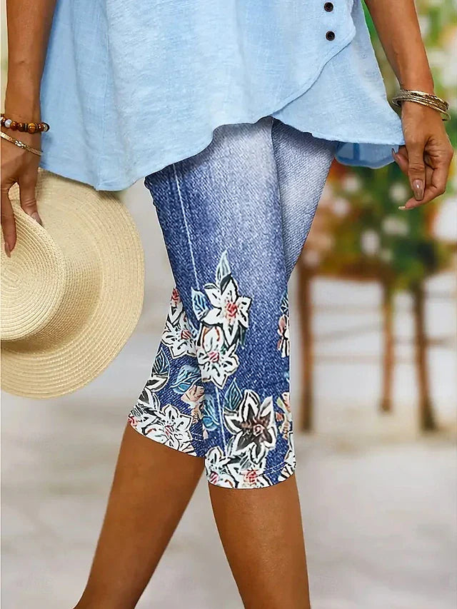 Plus Size Women's High Waist Stretch Lace Jean Capris - Sexy Skinny Denim Cropped Leggings