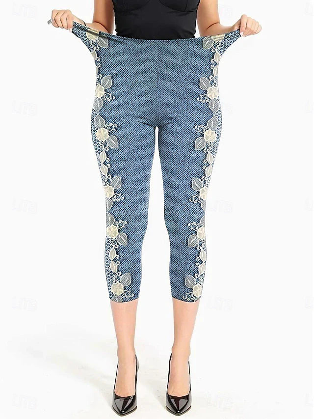 Plus Size Women's High Waist Stretch Lace Jean Capris - Sexy Skinny Denim Cropped Leggings