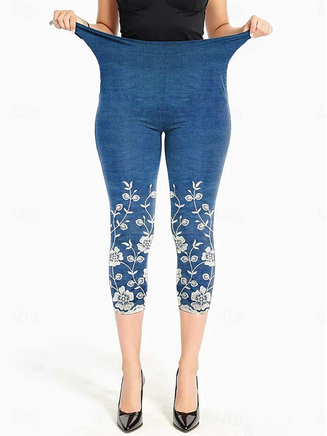 Plus Size Women's High Waist Stretch Lace Jean Capris - Sexy Skinny Denim Cropped Leggings