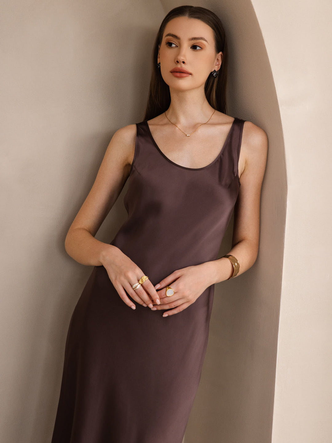 Elegant Sleeveless Long Dress with Wide Silk Straps