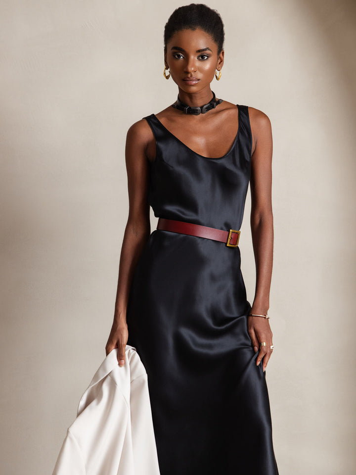 Elegant Sleeveless Long Dress with Wide Silk Straps