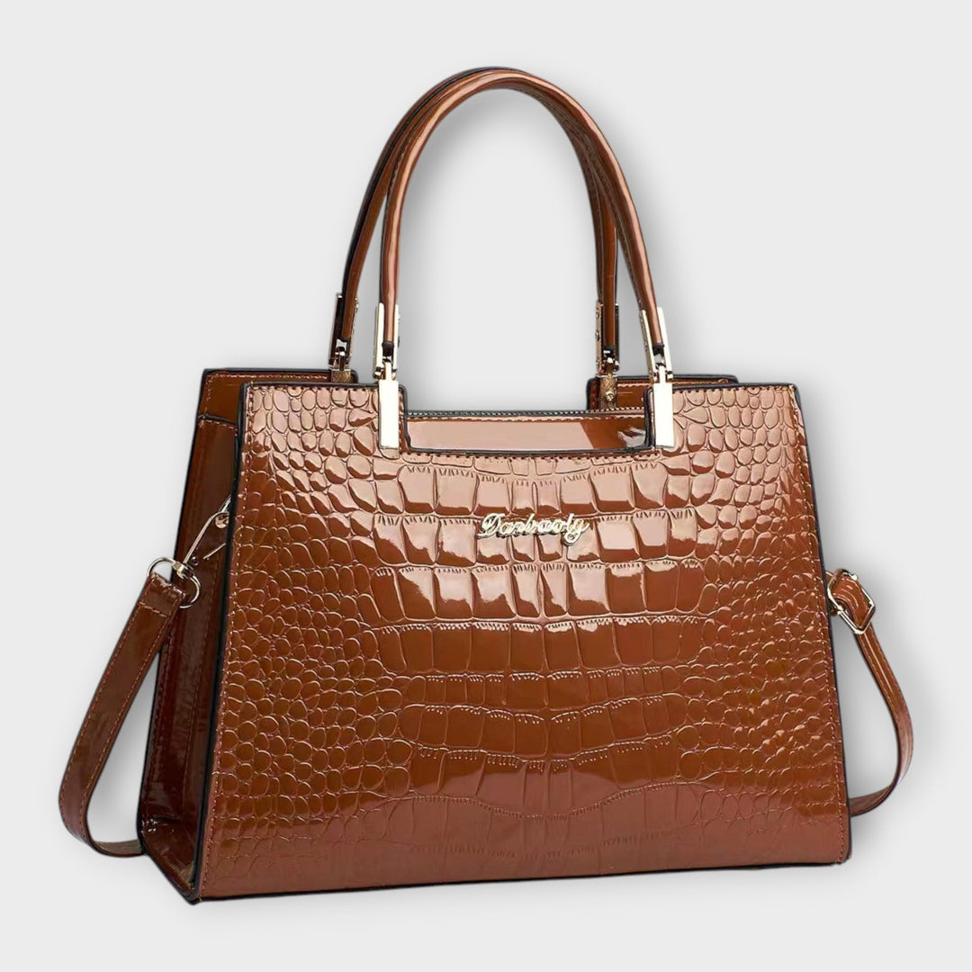 Glossy Crocodile-Patterned Leather Handbag