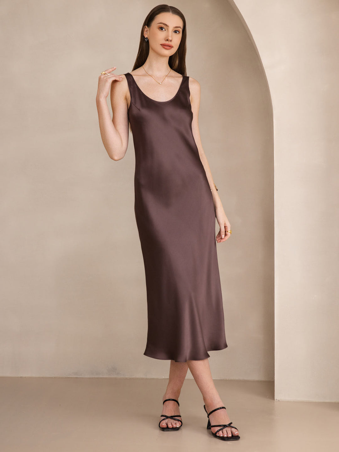 Elegant Sleeveless Long Dress with Wide Silk Straps