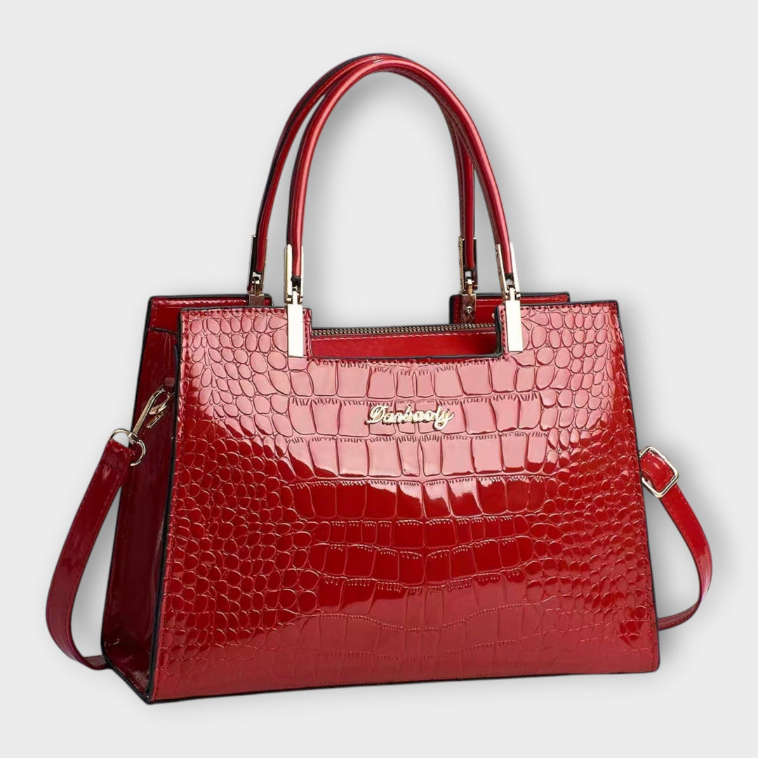Glossy Crocodile-Patterned Leather Handbag