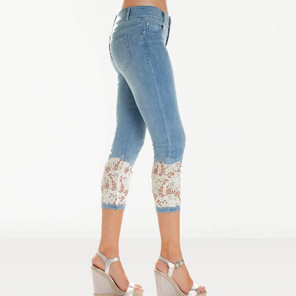 Plus Size Women's High Waist Stretch Lace Jean Capris - Sexy Skinny Denim Cropped Leggings
