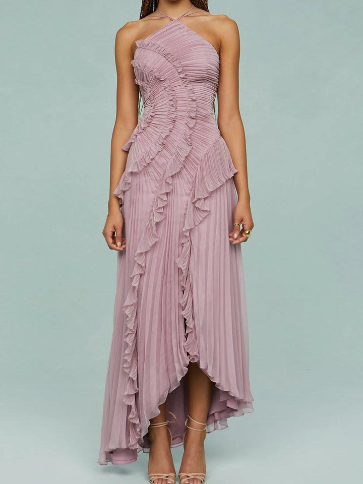 Emmeline - Pleated Suspender Long Dress With Slits