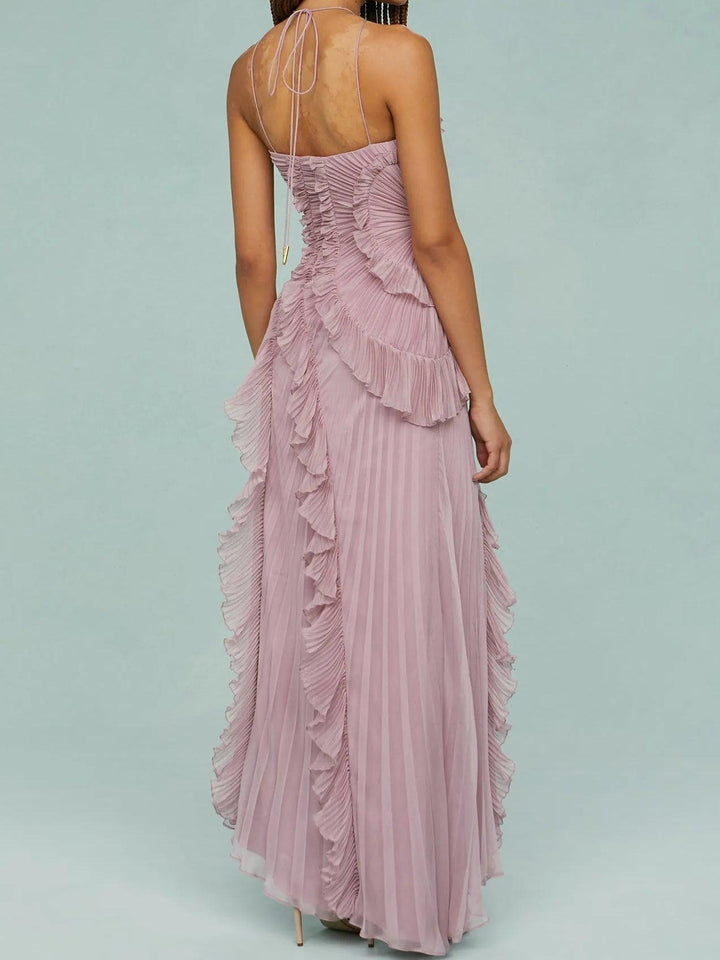 Emmeline - Pleated Suspender Long Dress With Slits