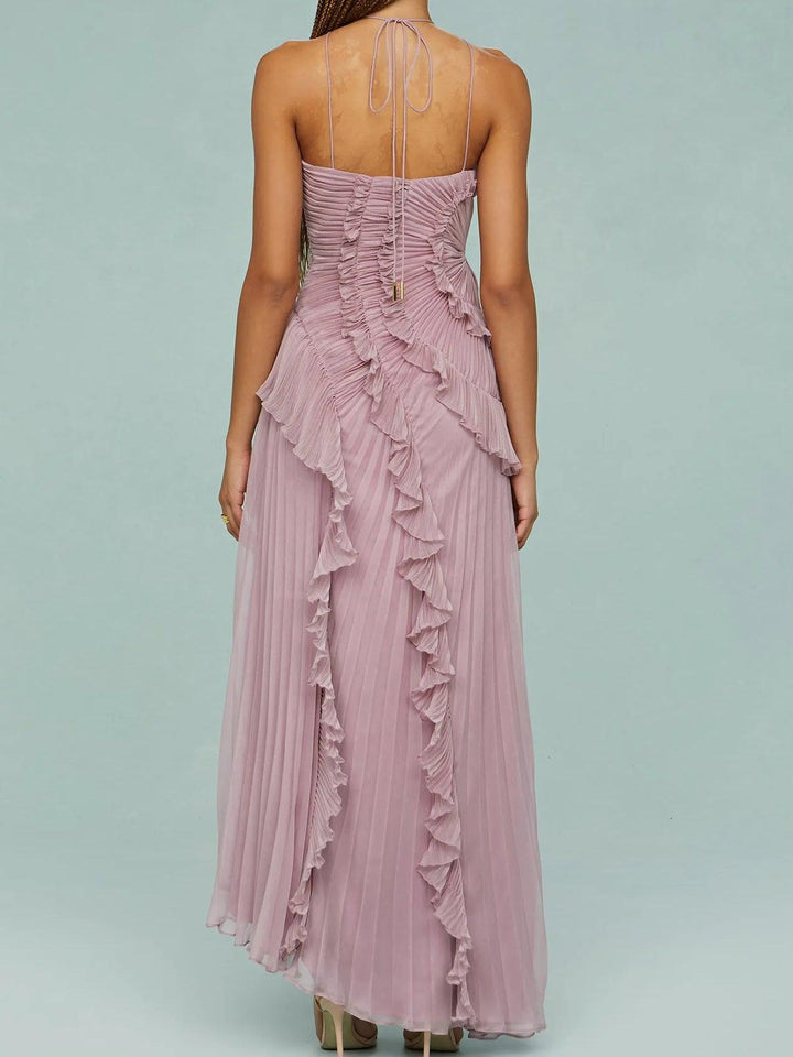 Emmeline - Pleated Suspender Long Dress With Slits