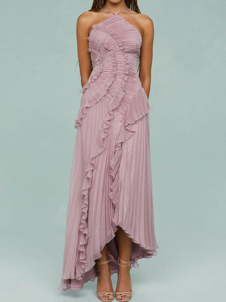 Emmeline - Pleated Suspender Long Dress With Slits