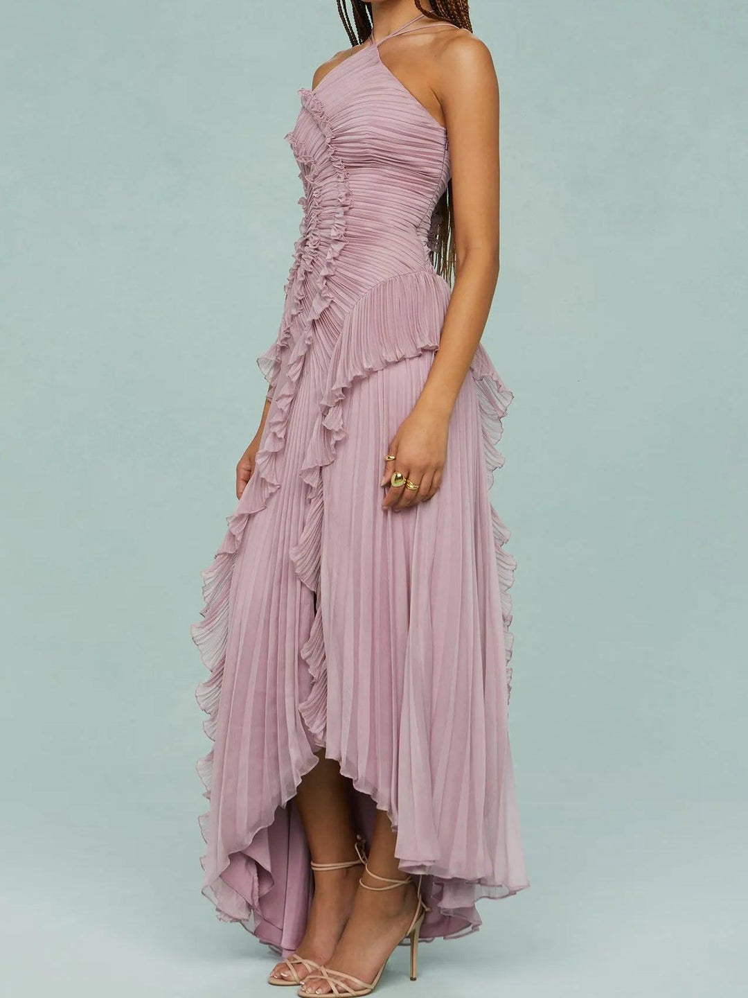 Emmeline - Pleated Suspender Long Dress With Slits