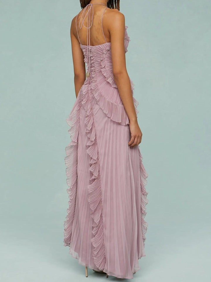 Emmeline - Pleated Suspender Long Dress With Slits