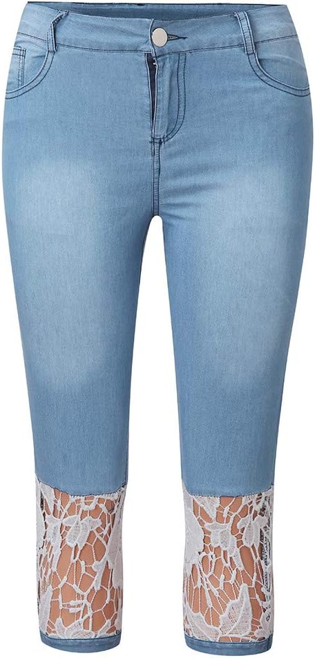 Plus Size Women's High Waist Stretch Lace Jean Capris - Sexy Skinny Denim Cropped Leggings