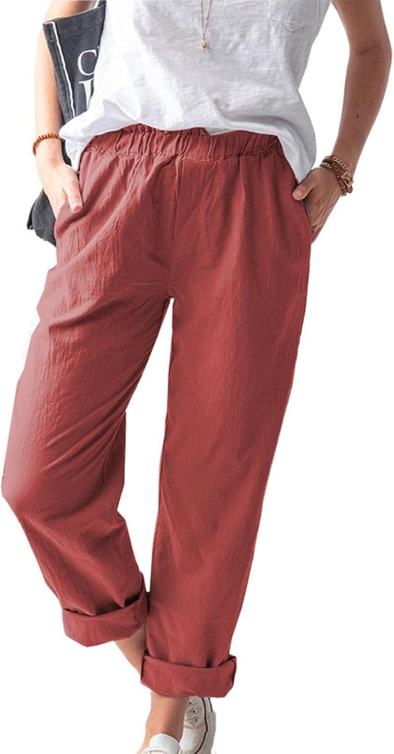 Women's Solid Color Casual Linen Pants with Pockets