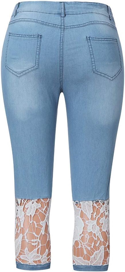 Plus Size Women's High Waist Stretch Lace Jean Capris - Sexy Skinny Denim Cropped Leggings