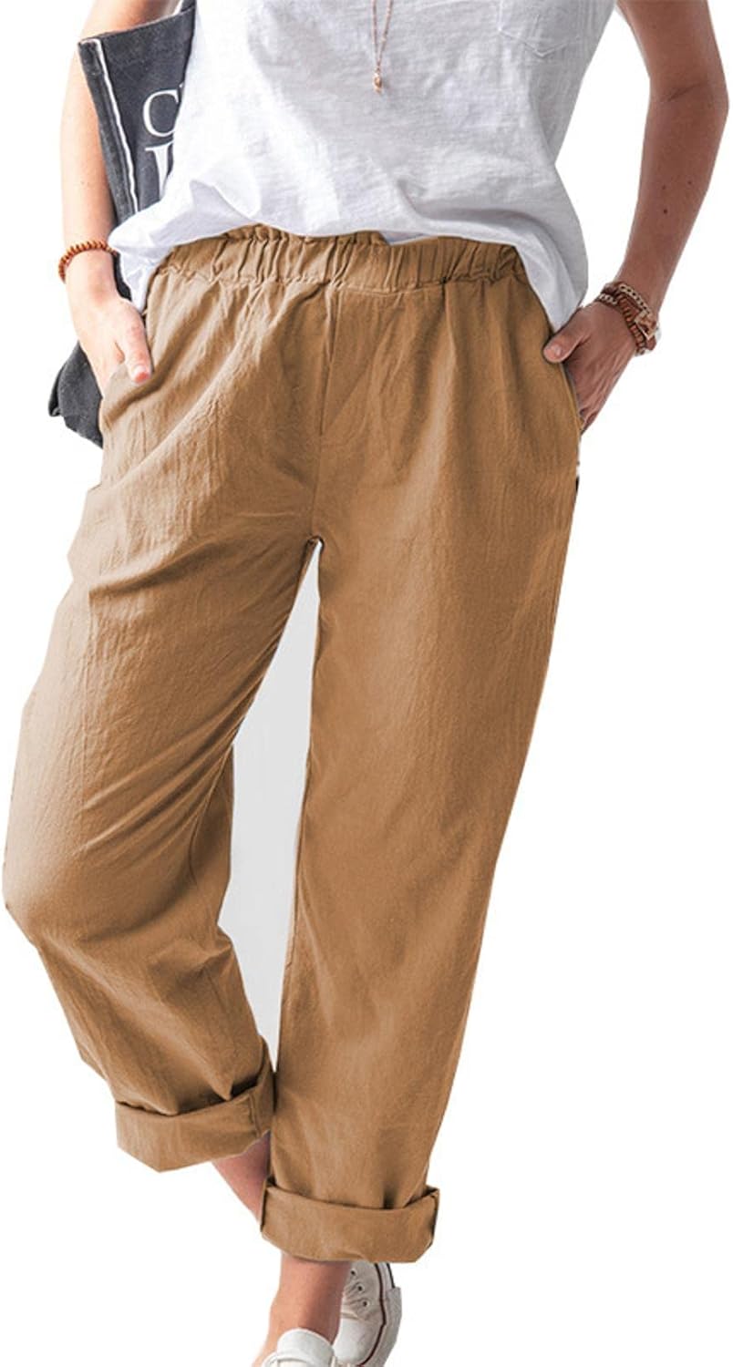 Women's Solid Color Casual Linen Pants with Pockets