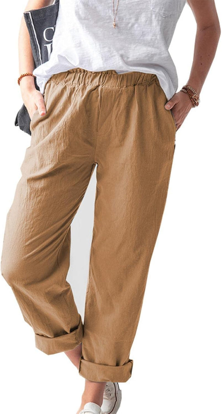 Women's Solid Color Casual Linen Pants with Pockets