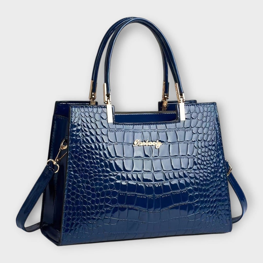 Glossy Crocodile-Patterned Leather Handbag