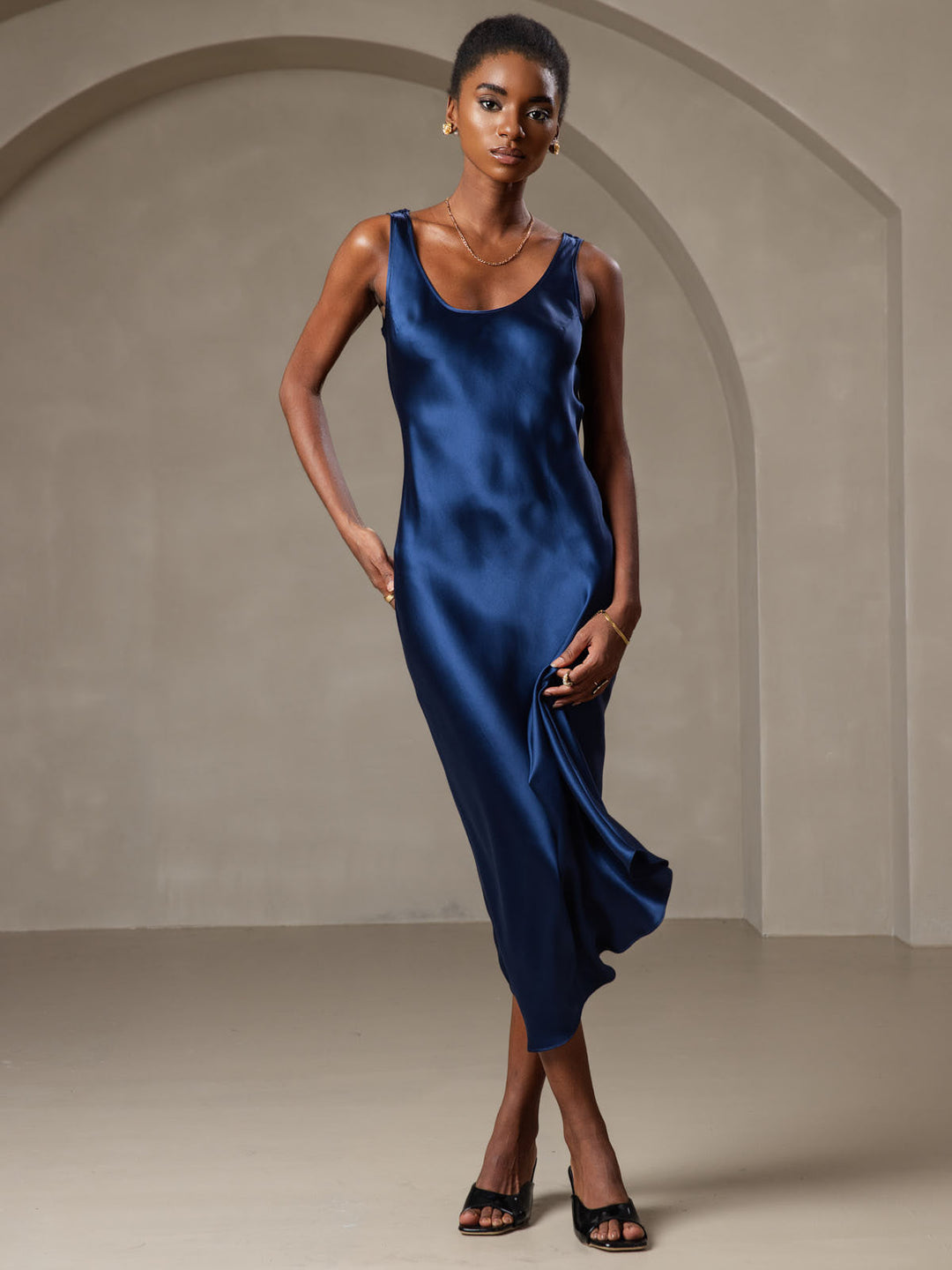 Elegant Sleeveless Long Dress with Wide Silk Straps