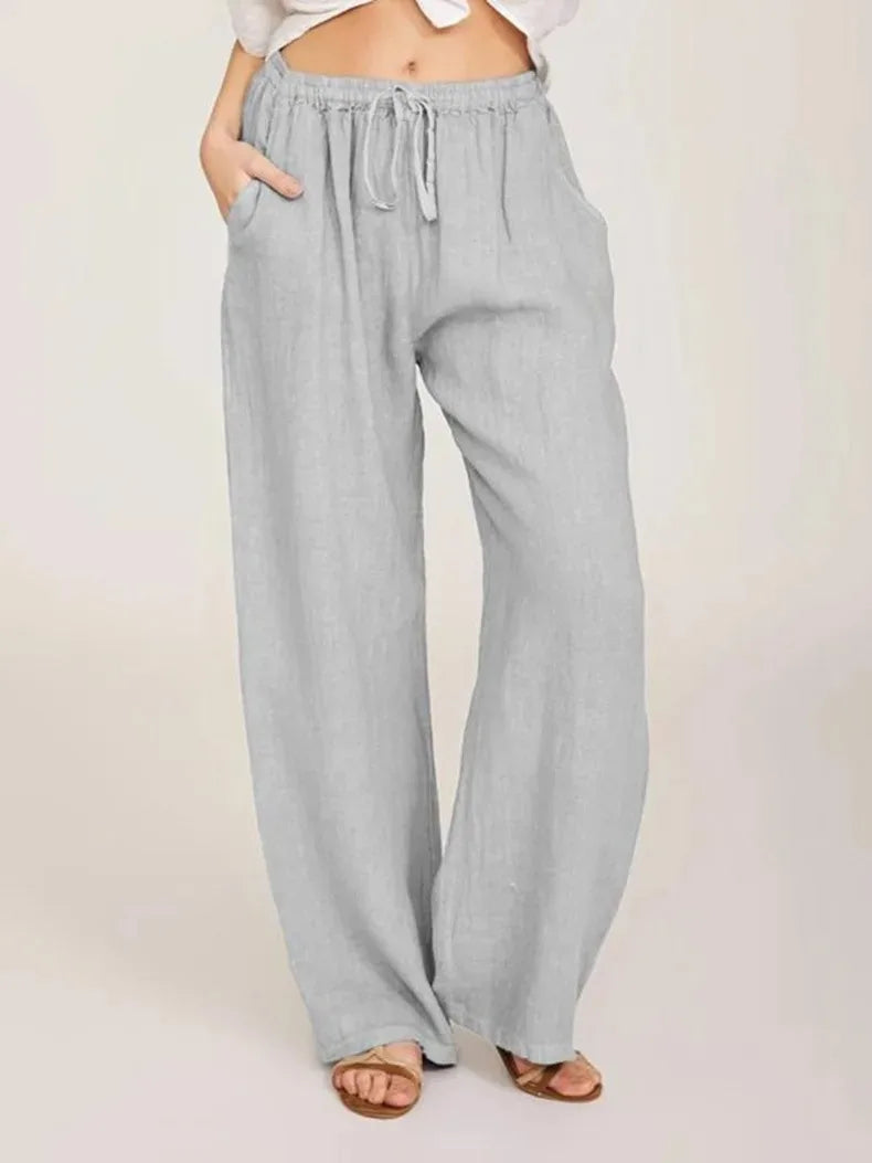 Women's Cotton and Linen Pants – Casual & Loose Fit – Solid Color – Elastic Waist – With Pockets – Straight Legs – Oversized Streetwear