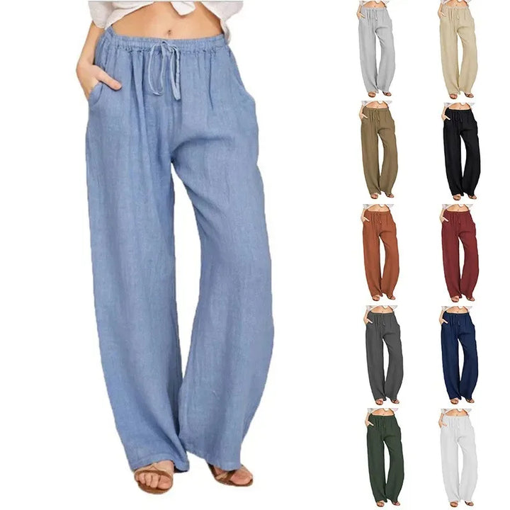 Women's Cotton and Linen Pants – Casual & Loose Fit – Solid Color – Elastic Waist – With Pockets – Straight Legs – Oversized Streetwear