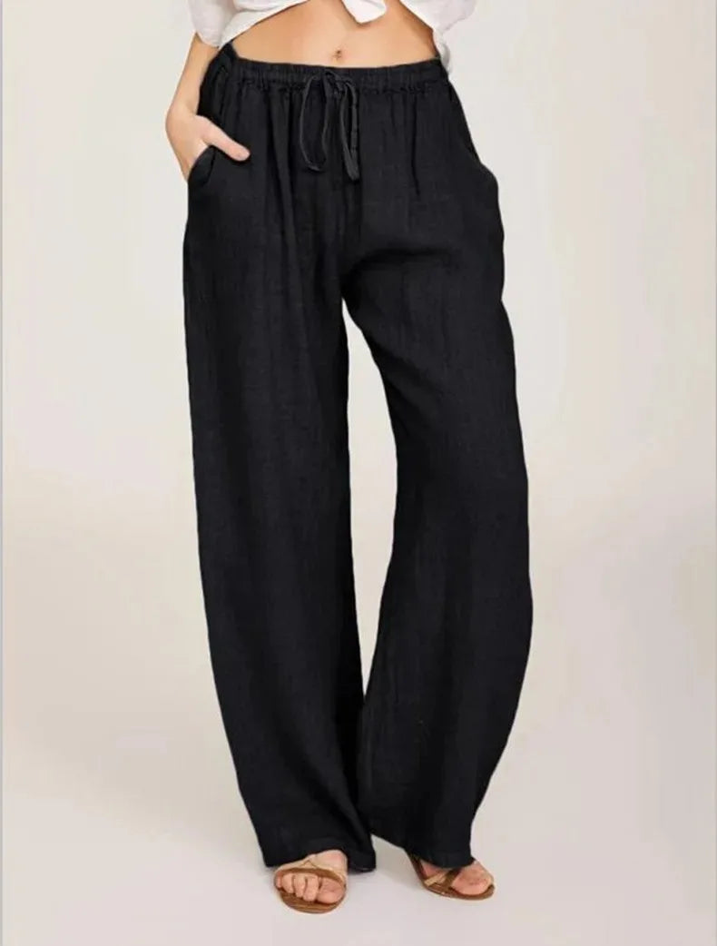 Women's Cotton and Linen Pants – Casual & Loose Fit – Solid Color – Elastic Waist – With Pockets – Straight Legs – Oversized Streetwear