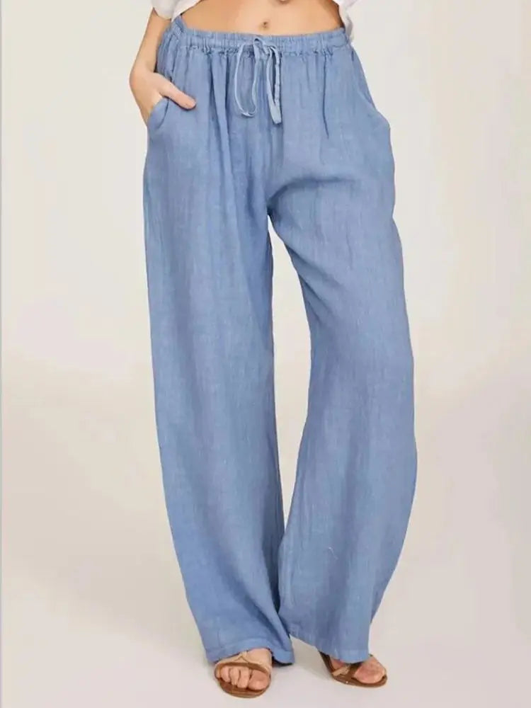 Women's Cotton and Linen Pants – Casual & Loose Fit – Solid Color – Elastic Waist – With Pockets – Straight Legs – Oversized Streetwear
