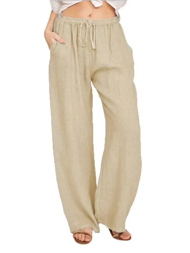 Women's Cotton and Linen Pants – Casual & Loose Fit – Solid Color – Elastic Waist – With Pockets – Straight Legs – Oversized Streetwear