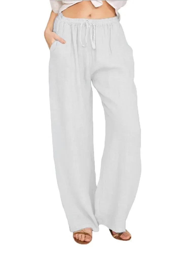 Women's Cotton and Linen Pants – Casual & Loose Fit – Solid Color – Elastic Waist – With Pockets – Straight Legs – Oversized Streetwear