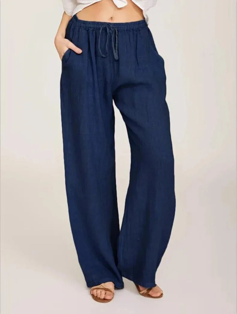 Women's Cotton and Linen Pants – Casual & Loose Fit – Solid Color – Elastic Waist – With Pockets – Straight Legs – Oversized Streetwear
