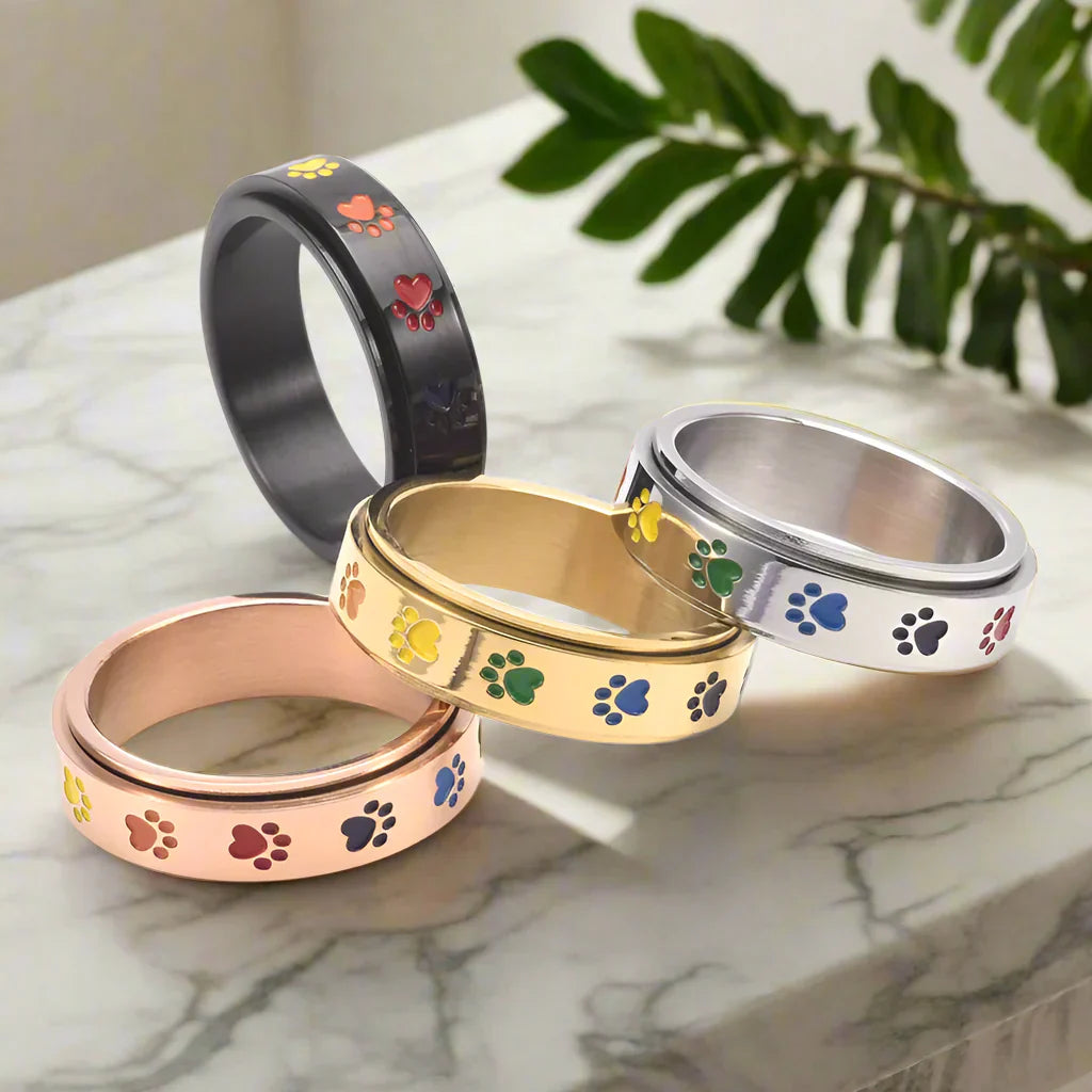 Colorful Paw Pattern Rotating Anti-Stress Ring in Gold and Silver – Thea