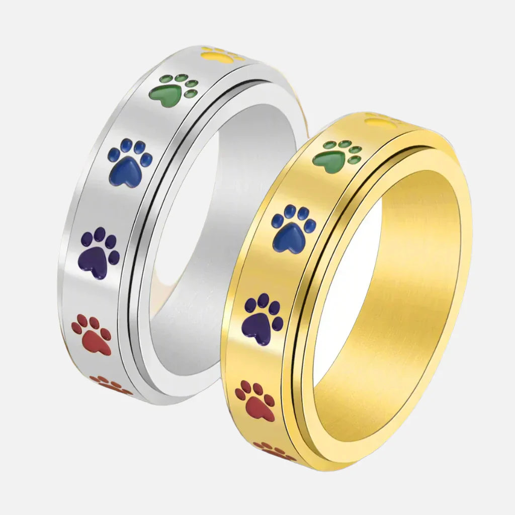 Colorful Paw Pattern Rotating Anti-Stress Ring in Gold and Silver – Thea