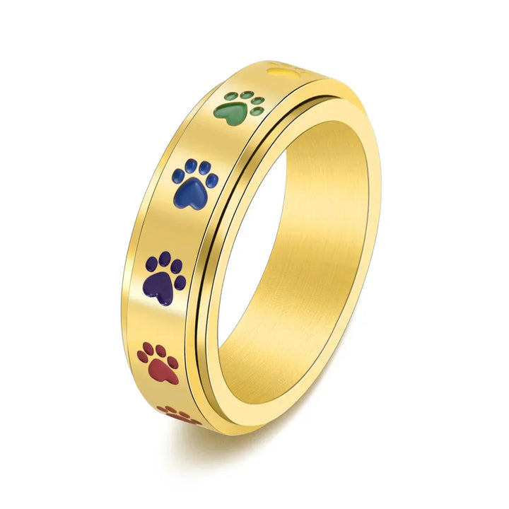 Colorful Paw Pattern Rotating Anti-Stress Ring in Gold and Silver – Thea