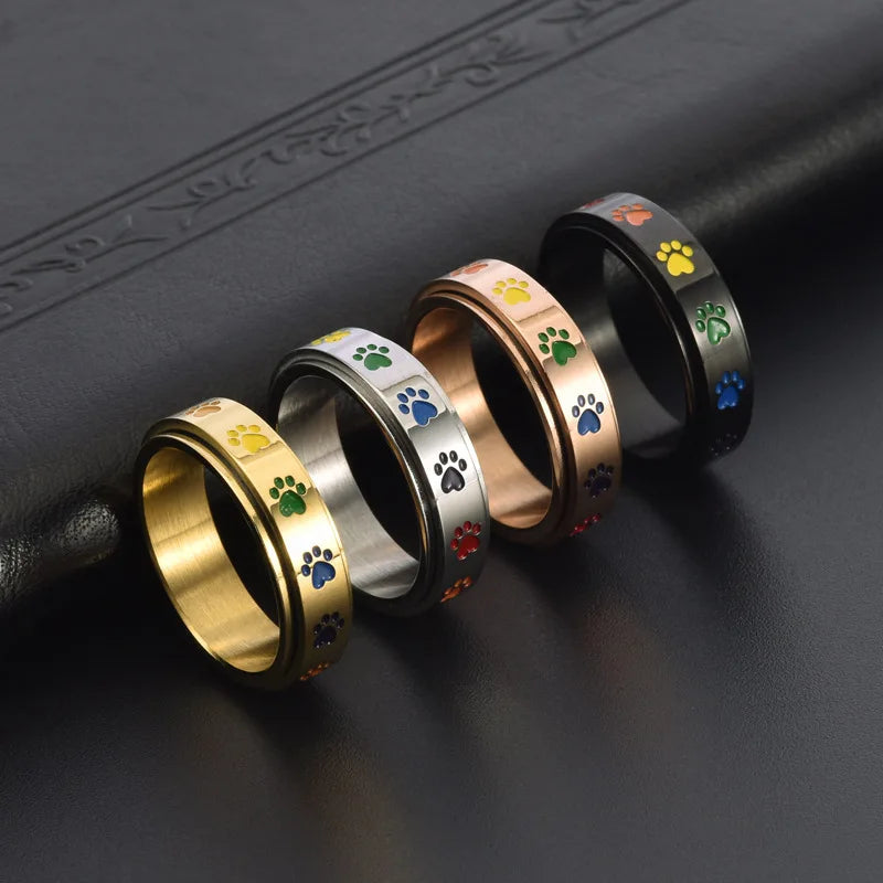 Colorful Paw Pattern Rotating Anti-Stress Ring in Gold and Silver – Thea