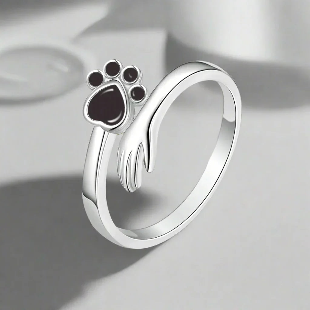 Adjustable 925 Sterling Silver Ring Featuring Hand and Paw Design – Mara
