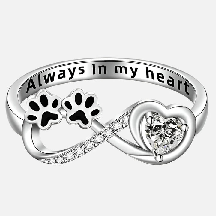 Arina 925 Silver Ring Featuring Heart-Shaped Zircon and Paw & Infinity Symbols