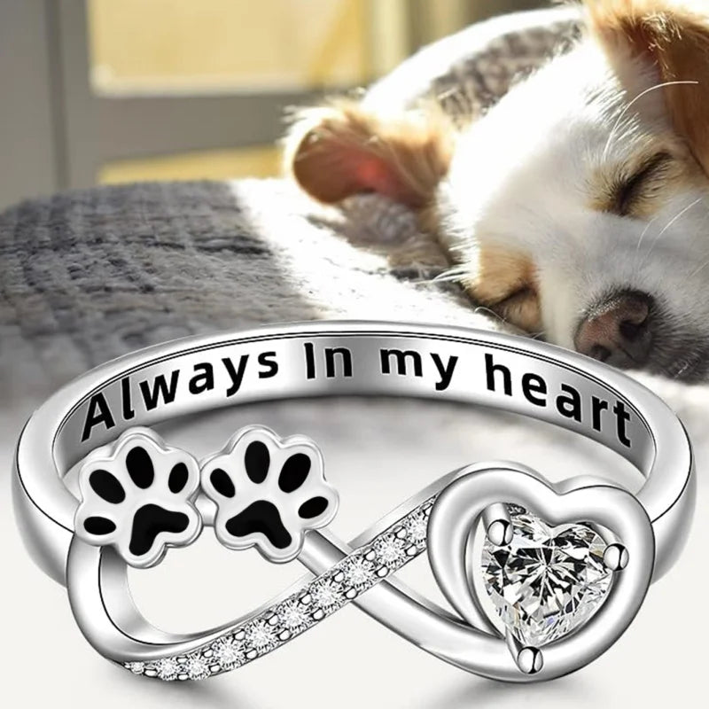 Arina 925 Silver Ring Featuring Heart-Shaped Zircon and Paw & Infinity Symbols