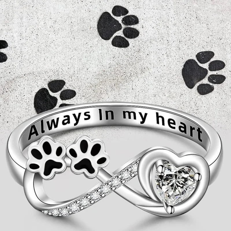 Arina 925 Silver Ring Featuring Heart-Shaped Zircon and Paw & Infinity Symbols