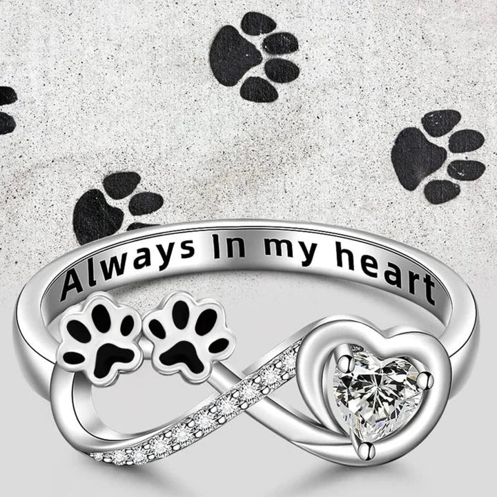 Arina 925 Silver Ring Featuring Heart-Shaped Zircon and Paw & Infinity Symbols