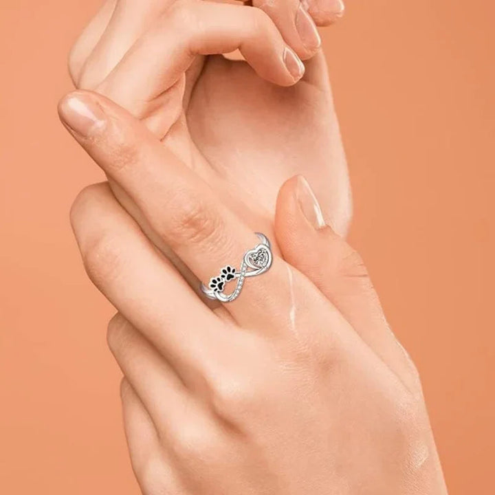 Arina 925 Silver Ring Featuring Heart-Shaped Zircon and Paw & Infinity Symbols