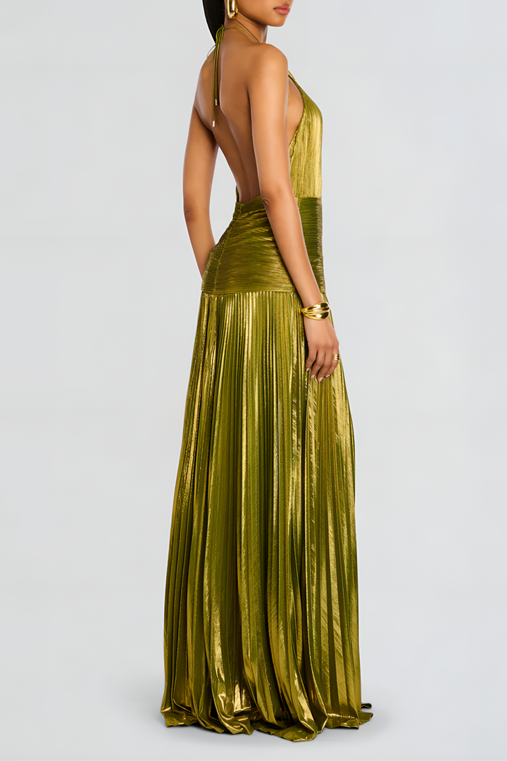 Isla – Elegant Metallic Peridot Maxi Dress