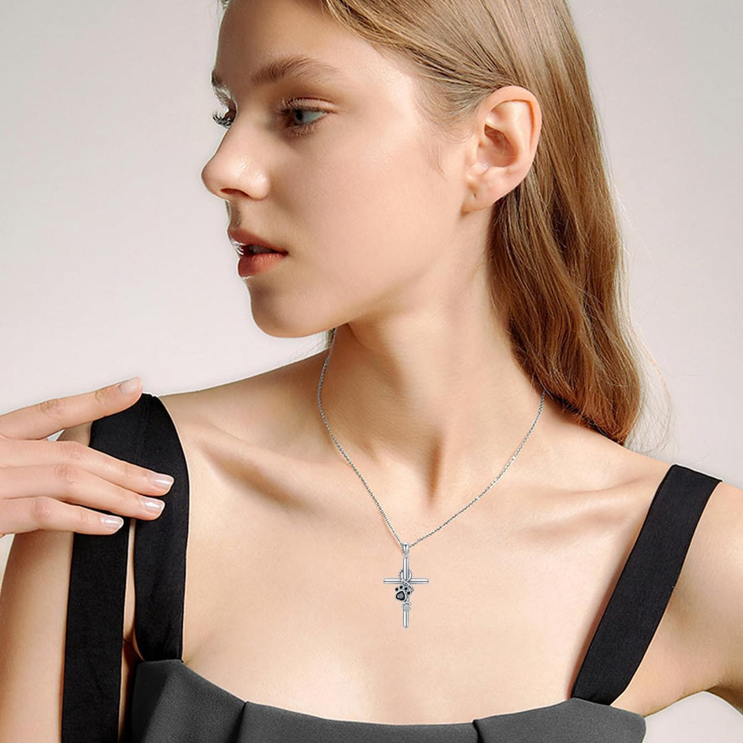 Lyora - Silver Necklace with Paw and Cross Design