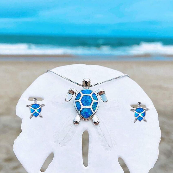 NAIAE Silver Sea Turtle Necklace and Earring Set with Opal Accents