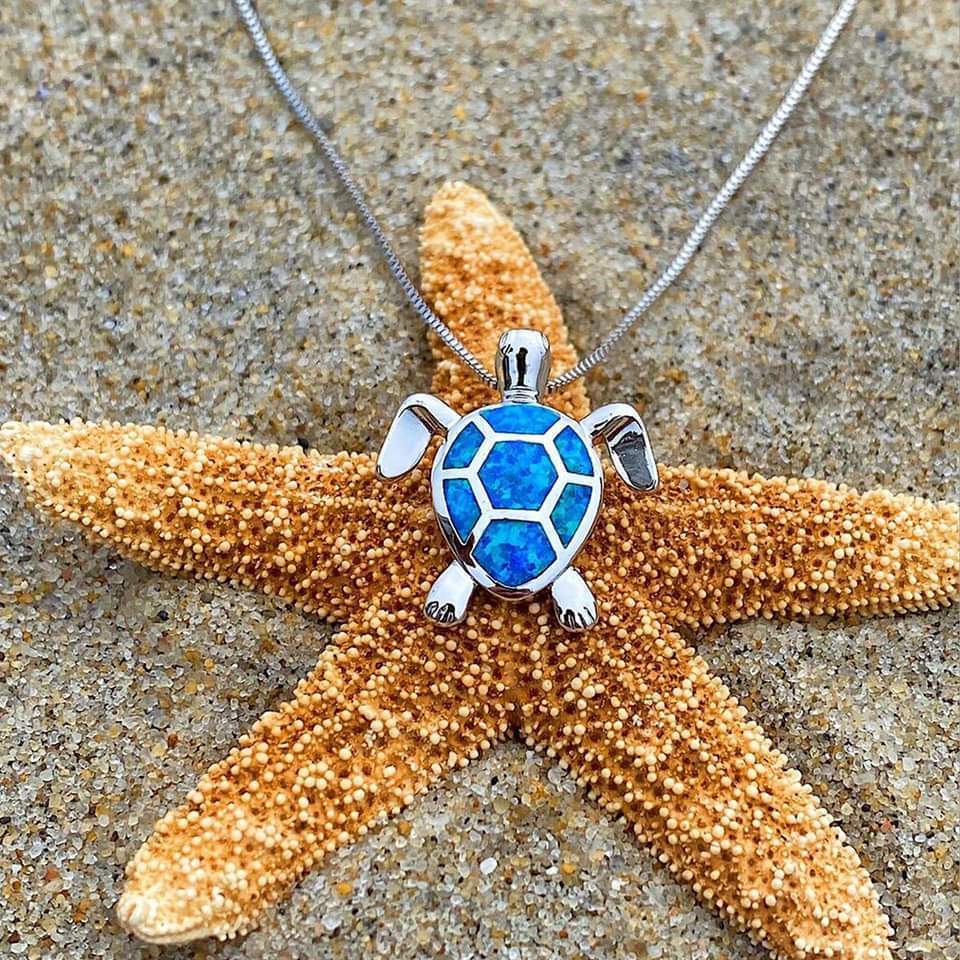 NAIAE Silver Sea Turtle Necklace and Earring Set with Opal Accents